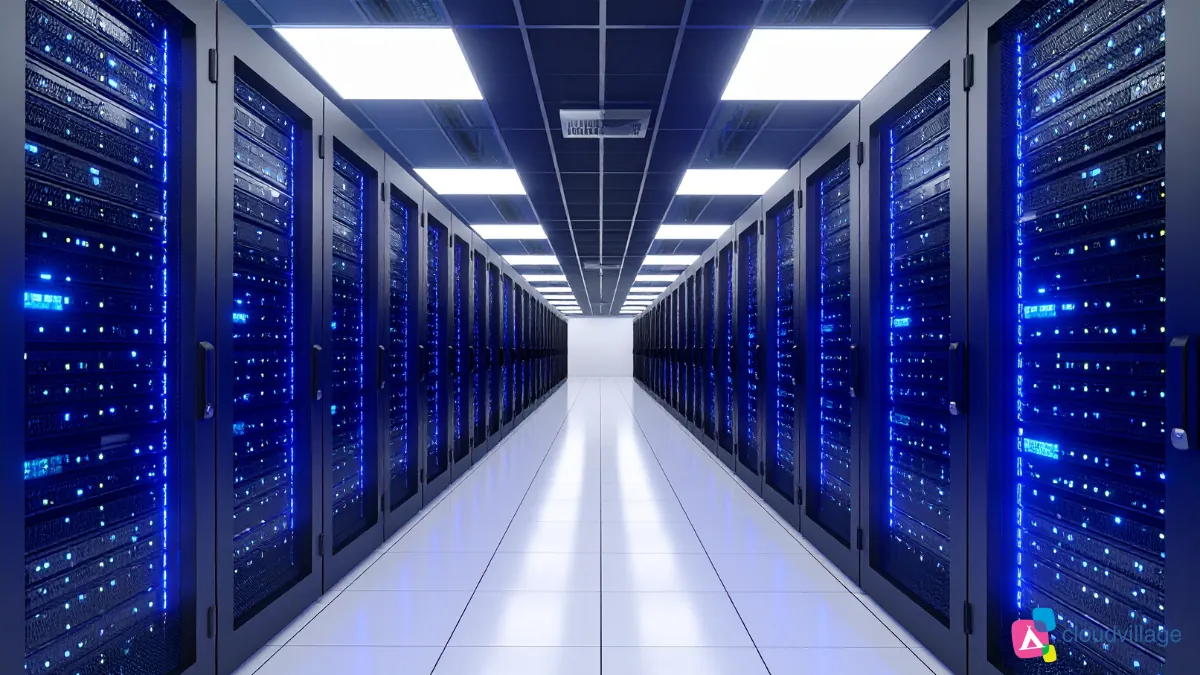 Infrastruttura cloud moderna con server rack e tecnologie digitali per l'ottimizzazione dei costi operativi aziendali